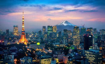 Aerial view of Tokyo cityscape with Fuji mountain in Japan