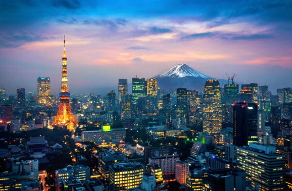 Aerial view of Tokyo cityscape with Fuji mountain in Japan