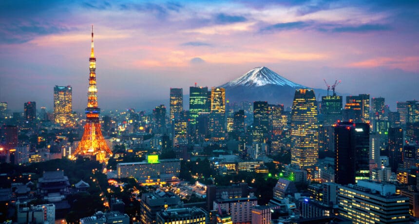 Aerial view of Tokyo cityscape with Fuji mountain in Japan