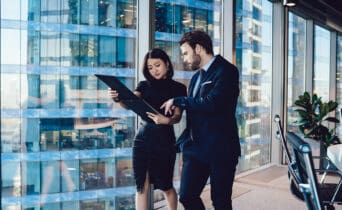 Young professional caucasian male and and female colleagues