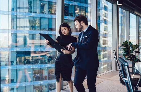 Young professional caucasian male and and female colleagues