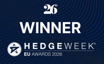 Award announcement graphic with a deep navy blue background and flowing gold wave patterns. The 26 Degrees logo appears above the word “WINNER” in large white lettering. Below, the Hedgeweek logo is displayed alongside the text “HEDGEWEEK EU AWARDS 2026” in white.