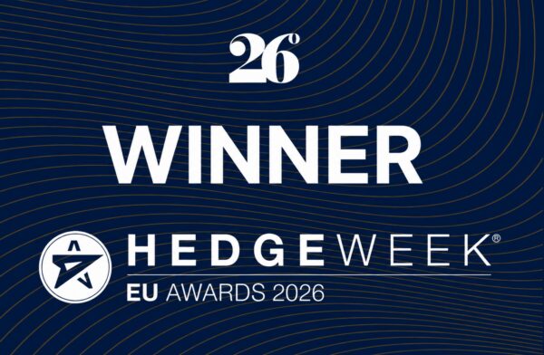 Award announcement graphic with a deep navy blue background and flowing gold wave patterns. The 26 Degrees logo appears above the word “WINNER” in large white lettering. Below, the Hedgeweek logo is displayed alongside the text “HEDGEWEEK EU AWARDS 2026” in white.